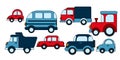 Cars. A large set of different cars in red and blue. Vector drawing machines isolated on white background. Cute cars, truck, Royalty Free Stock Photo