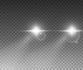Cars light effect. White glow car headlight bright beams ray isolated on transparent background