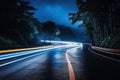 Cars light trails at night in a curve asphalt road at night. Generative AI