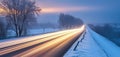 Cars light trails on the road in winter morning. Generative AI