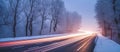 Cars light trails on the road in winter morning, with the snow filled on roadside. Generative AI