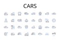 Cars line icons collection. Boats, Vans, Planes, Trucks, Cycles, Buses, Wagons vector and linear illustration. Jeeps Royalty Free Stock Photo