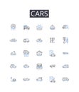 Cars line icons collection. Boats, Vans, Planes, Trucks, Cycles, Buses, Wagons vector and linear illustration. Jeeps