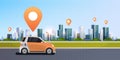 Cars with location pin on road online ordering taxi car sharing concept mobile transportation carsharing service modern Royalty Free Stock Photo