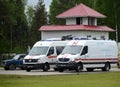 Cars of the mobile control center for unmanned aerial systems of the Ministry of Emergency Situations of Russia at the exhibition