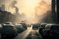 Cars in a morning traffic jam in a heavily polluted city, smoke, dirty air