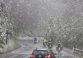 Cars and motorbikes in a snowstorm, Austria Royalty Free Stock Photo