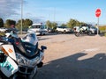 Cars and motorcycles of the Civil Guard in a police control at the Madrid exit for unjustified movements of citizens during the st Royalty Free Stock Photo