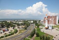 Cars move near Samara space museum