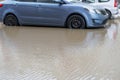 the cars move in water road, flood disaster outside