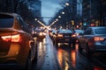 Cars moving on the urban road at dusk in autumn Royalty Free Stock Photo