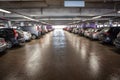 Cars are on multistorey parking lot, all places are occupied, red lights above vehicles