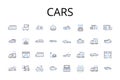 Cars line icons collection. Boats, Vans, Planes, Trucks, Cycles, Buses, Wagons vector and linear illustration. Jeeps