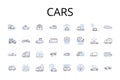 Cars line icons collection. Boats, Vans, Planes, Trucks, Cycles, Buses, Wagons vector and linear illustration. Jeeps Royalty Free Stock Photo