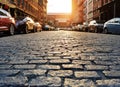 Cars parked along an old cobblestone street in the Tribeca neighborhood of Manhattan in New York City