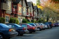 Cars parked in front of apartment buildings with automotive lighting Royalty Free Stock Photo