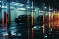 cars parked in a parking garage at night