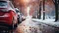 Cars parked in a row on a snowy street in winter