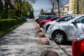 Cars parked in a row on the street of the city Royalty Free Stock Photo