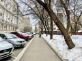 Moscow, Russia, March, 10, 2024. Cars are parked on the side of the road on Shchepkina Street