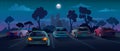 Cars at parking lot, night city street background