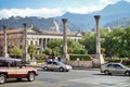 Cars pass by the central plaza of the historic center of Quetzaltenango, aka Xela, in Guatemala. Central America