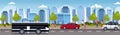 Cars and passenger bus driving asphalt road urban city panorama high skyscrapers cityscape background skyline flat