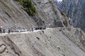 Cars with passengers stuck at the pass on the way Srinagar - Leh, Himalayas. India