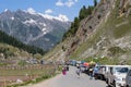 Cars with passengers stuck at the pass on the way Srinagar Leh, Himalayas. India