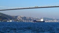 Cars passing the Bosphorus Bridge and Bosphorus view in Istanbul, suspension bridge recorded from below, ship passing waterway