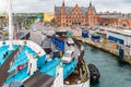 Cars ride on ferry in Helsingor port near train station Royalty Free Stock Photo