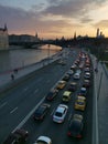 Cars on the road, congestion, traffic jam from cars on one of the lanes of the road in Moscow, Russia, April 2021