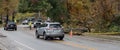 Carrboro, North Carolina, US-November 13, 2018: Workers repairing power lines after tree fell on them in storm Royalty Free Stock Photo