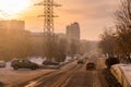 The cars on the road, the residential neighborhood and the old Soviet buildings in Ulan-Ude, Buryatia, Russia.