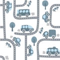 Cars on the road. Seamless pattern.