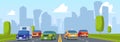 Cars on road. Speed automobile outdoor highway with four traffic line driving tunnel garish vector cartoon background