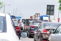 Cars on the road in traffic jam. Traffic situation in the Mumbai city. Pollution situation in India.