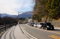 Cars run on street in Takayama, Japan