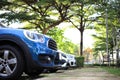 Cars For Sale Stock Lot Row. Car Dealer Inventory , Close up front of new car parking , Modern car Royalty Free Stock Photo