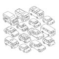 Cars set. Freehand sketch. Traffic jam on the road. Buses and trucks. Line and outline style. Vector isometric