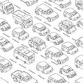 Cars set. Freehand sketch. Traffic jam on the road. Buses and trucks. Line and outline style. Vector isometric