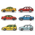 Cars side view, cartoon vector illustration, different colors. Two rows cars, top row sedan