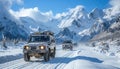 Cars with snow tires drive down icy mountain road under grey sky Royalty Free Stock Photo