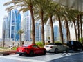 Cars stand on the road in the city of Dubai, transportation of the United Emirates