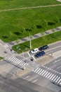 Cars standing in front of crosswalk on crossroad, aerial view Royalty Free Stock Photo