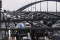 Cars are standing in traffic on one of the bridges in Kyiv, Ukraine. May 2020 Royalty Free Stock Photo
