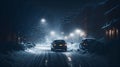 Cars on the street of the city at night in winter amidst snow drifts are moving on a slippery road. Adverse weather conditions due Royalty Free Stock Photo