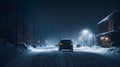 Cars on the street of the city at night in winter amidst snow drifts are moving on a slippery road. Adverse weather conditions due Royalty Free Stock Photo