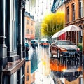 Cars on the street in the rain. Blurred background. AI Generated animal ai