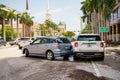 Cars stuck after flood rain water on the streets of Fort Lauderdale FL downtown district